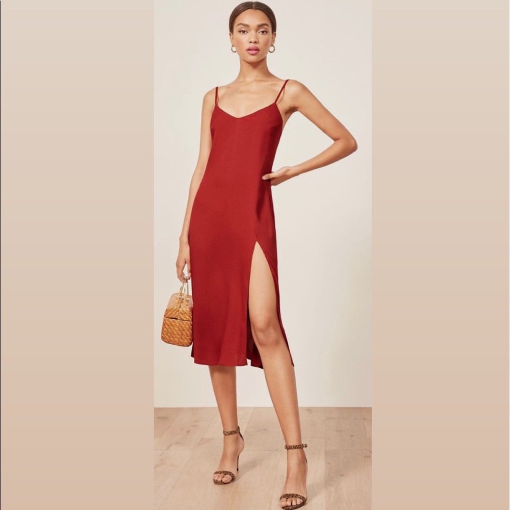 Reformation Red Crimini Midi Dress with High Slit